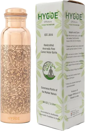 HYGGE Copper Water Bottle for Drinking – 34oz Engraved Pure Copper Water Bottle – Travel Water Bottle for Gym, Office, Hiking, Outdoor – Ayurvedic Water Bottle with Lid