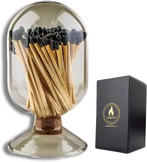 INCLUDES MATCHES ! | Smoke Gray Glass Matches Cloche | Grey Tinted Decorative Match Holder Jar for Candles Set Display (Black Matches)