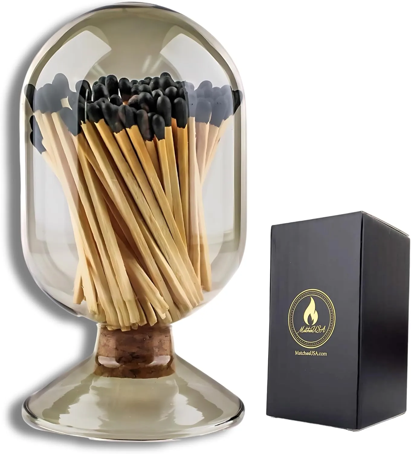 INCLUDES MATCHES ! | Smoke Gray Glass Matches Cloche | Grey Tinted Decorative Match Holder Jar for Candles Set Display (Black Matches)