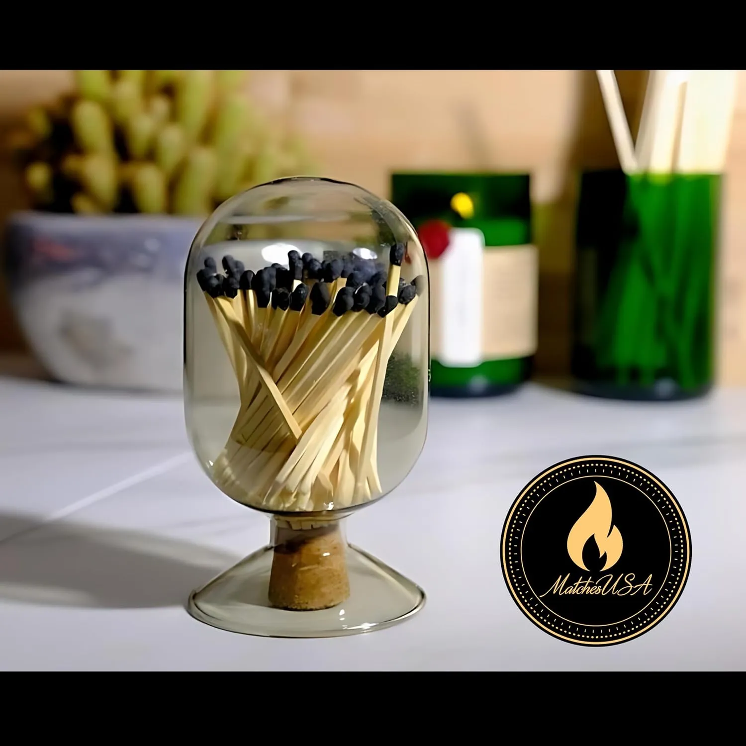 INCLUDES MATCHES ! | Smoke Gray Glass Matches Cloche | Grey Tinted Decorative Match Holder Jar for Candles Set Display (Black Matches)