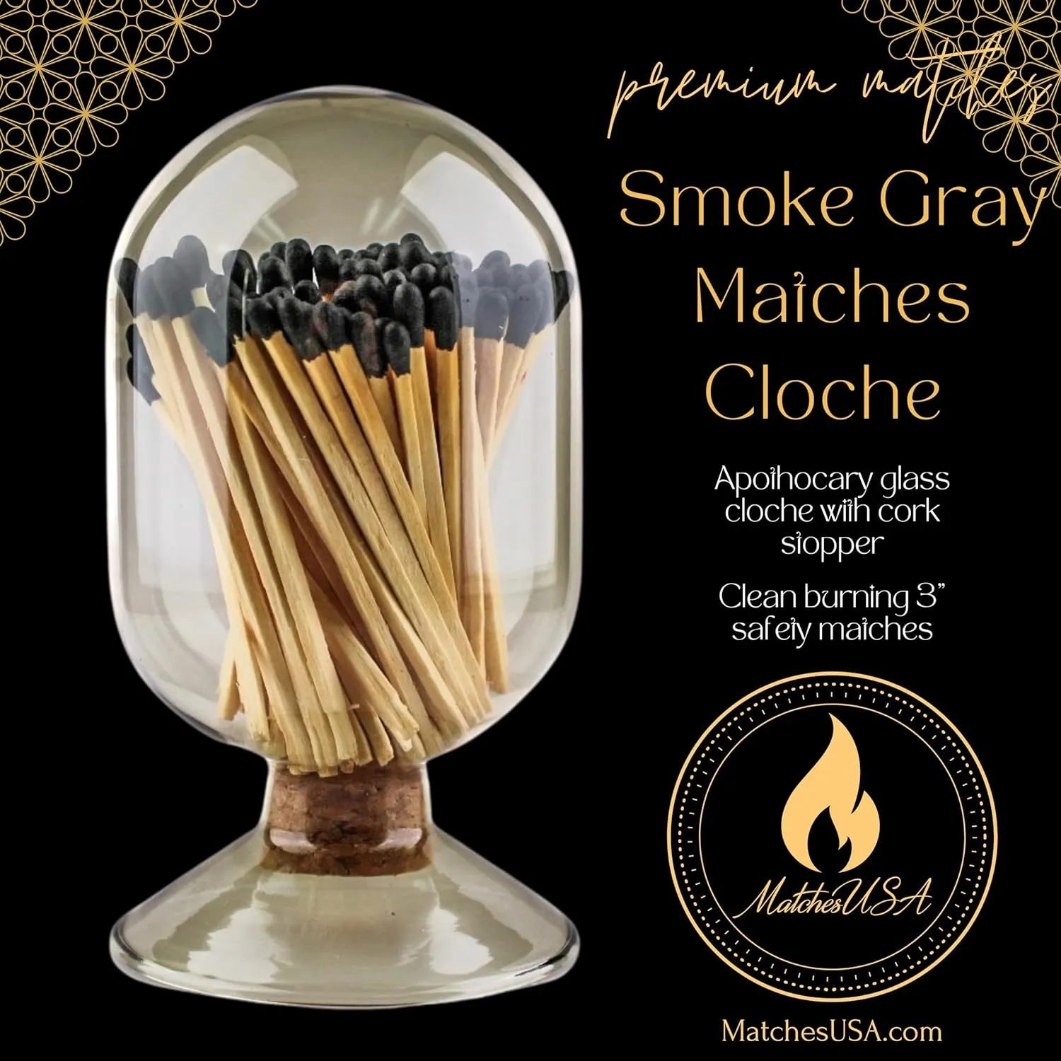 INCLUDES MATCHES ! | Smoke Gray Glass Matches Cloche | Grey Tinted Decorative Match Holder Jar for Candles Set Display (Black Matches)