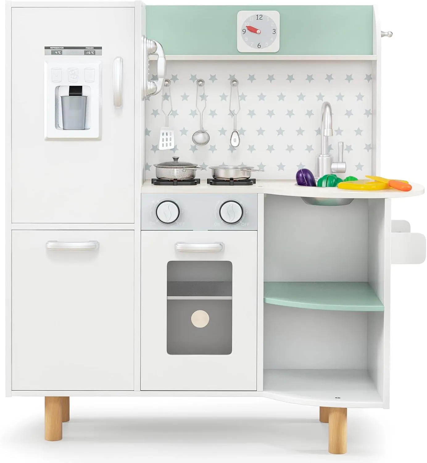 INFANS Kid Kitchen Playset, Toddler Wooden Pretend Cooking Set with Realistic Light & Sound, Stove, Sink, Microwave, Storage Cabinet, Play Kitchen Toy Set for Children Boys Girls (Green)