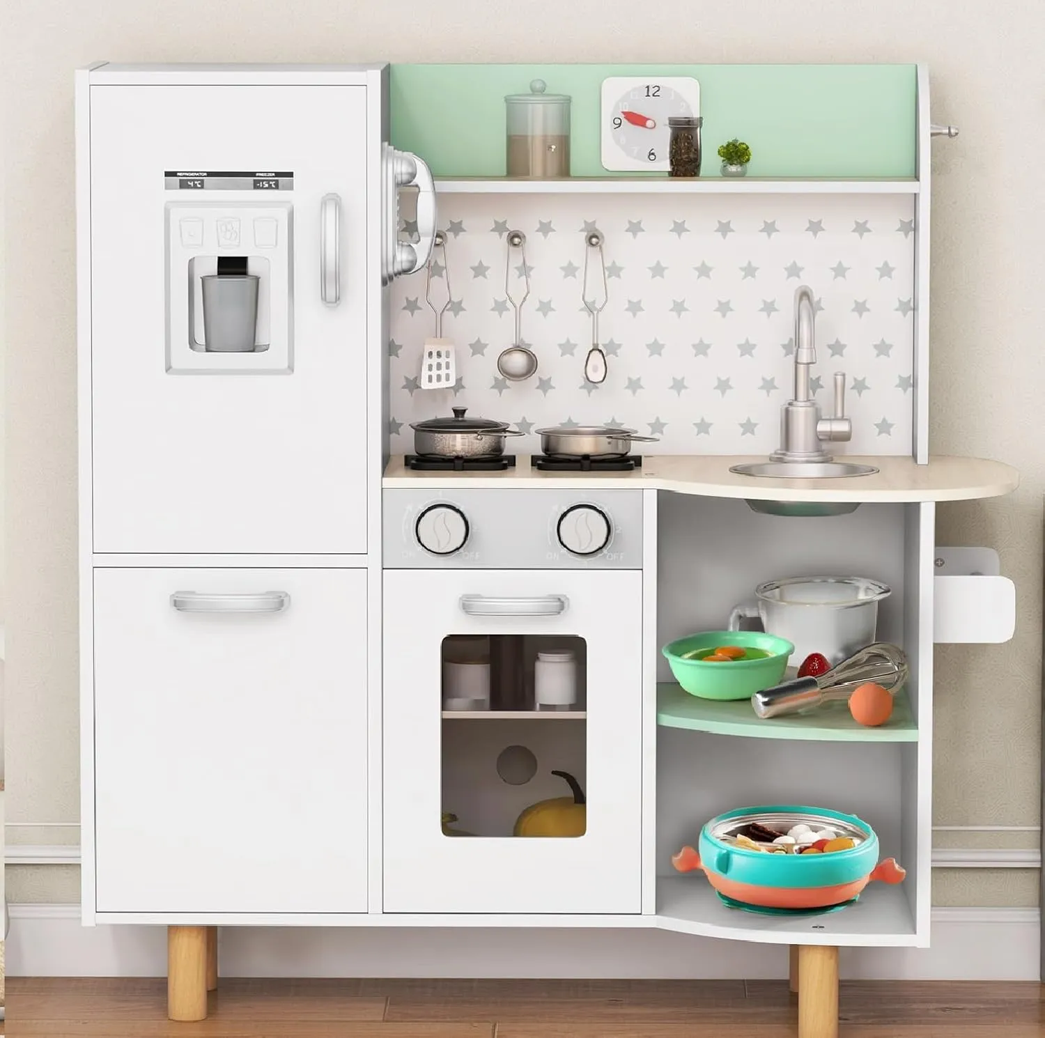 INFANS Kid Kitchen Playset, Toddler Wooden Pretend Cooking Set with Realistic Light & Sound, Stove, Sink, Microwave, Storage Cabinet, Play Kitchen Toy Set for Children Boys Girls (Green)
