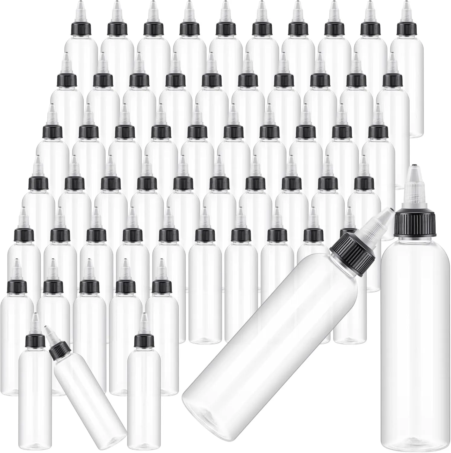 Irenare 50 Pcs 4 oz Plastic Squeeze Bottles Bulk Boston Dispensing Empty Hair Oil Bottles with 20/410 Twist Top Cap for Essential Oils, Hair Applicator, Liquids, Condiment Dispenser