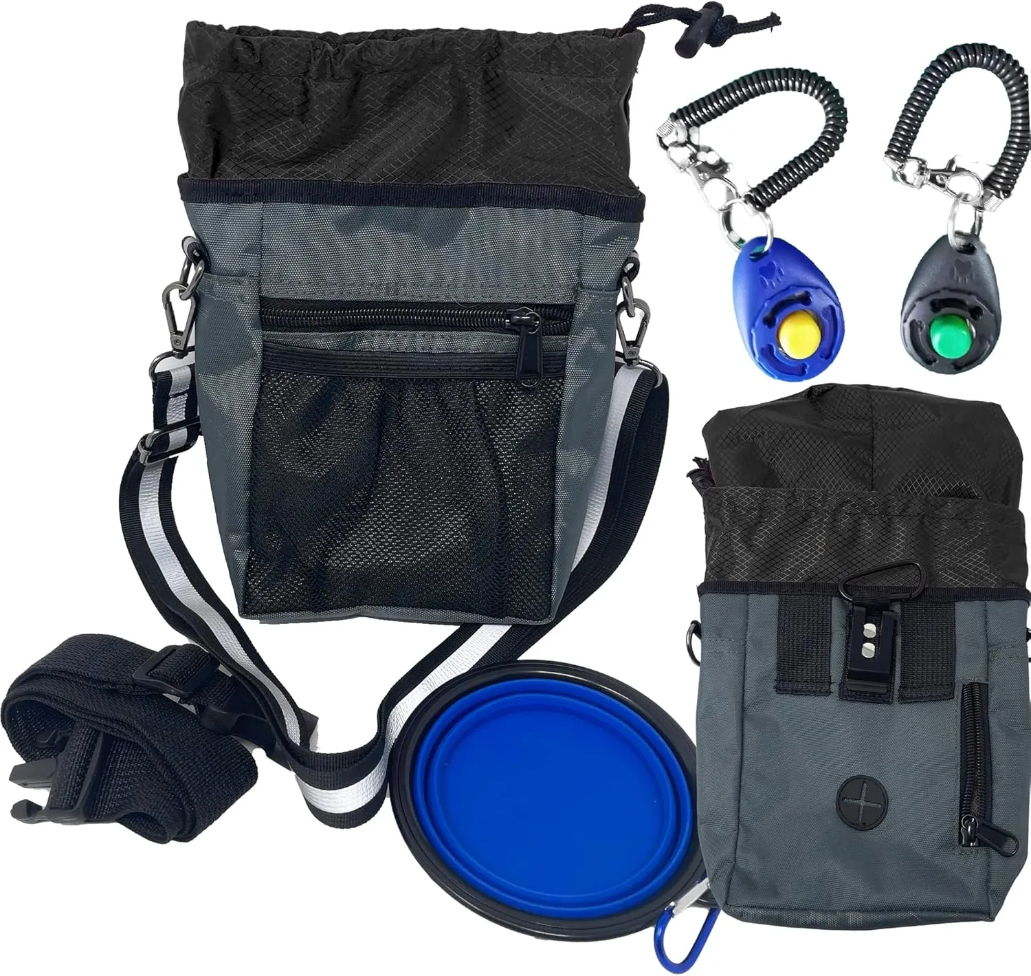 Jalousie Dog Training Pouch with Training Clicker and Water Bowl - 5 Ways to Wear - Carry Toys, Treats for Positive Reinforcement - Built-in Poop Bag Dispenser (Grey)