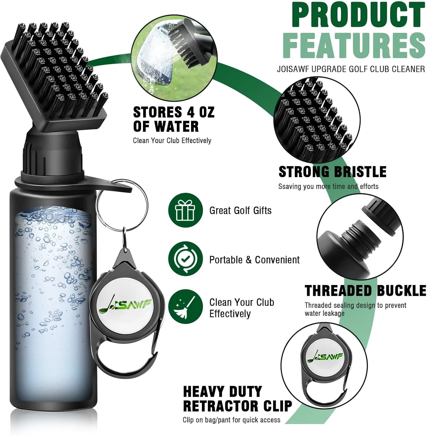 JOISAWF Golf Club Cleaner Brush with Water - 7.5” Pro Golf Groove Cleaner, Leak-Proof Design, 4 Oz Water Bottle & Retainer Clip - Essential Golf Accessories for Men & Women (Golf Club Cleaning Kit)