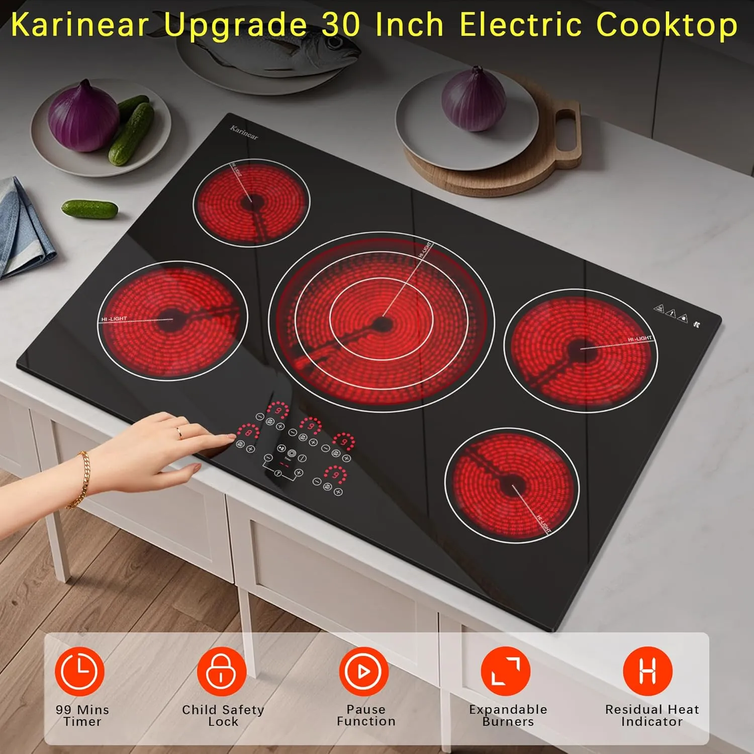 Karinear Electric Cooktop 30 Inch, Upgrade Sensor Touch 5 Burners Electric Stove Top, Built-in Ceramic Cooktop, Pause, Timer, Safety Lock, Triple Ring Expandable Burner,9000W, 220V