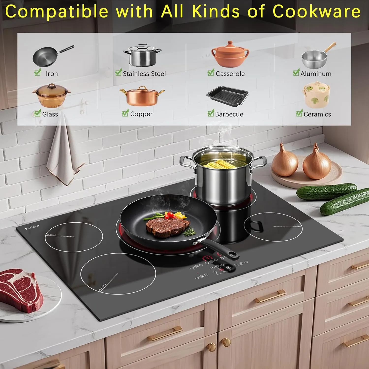 Karinear Electric Cooktop 30 Inch, Upgrade Sensor Touch 5 Burners Electric Stove Top, Built-in Ceramic Cooktop, Pause, Timer, Safety Lock, Triple Ring Expandable Burner,9000W, 220V