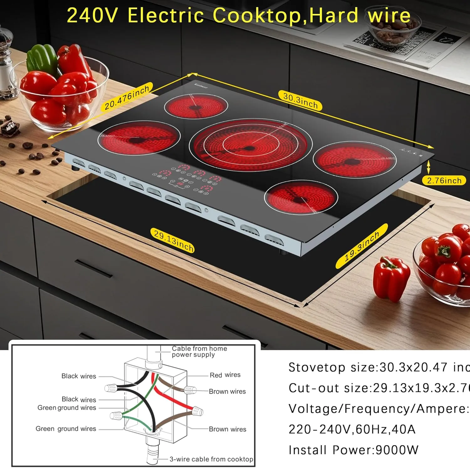 Karinear Electric Cooktop 30 Inch, Upgrade Sensor Touch 5 Burners Electric Stove Top, Built-in Ceramic Cooktop, Pause, Timer, Safety Lock, Triple Ring Expandable Burner,9000W, 220V