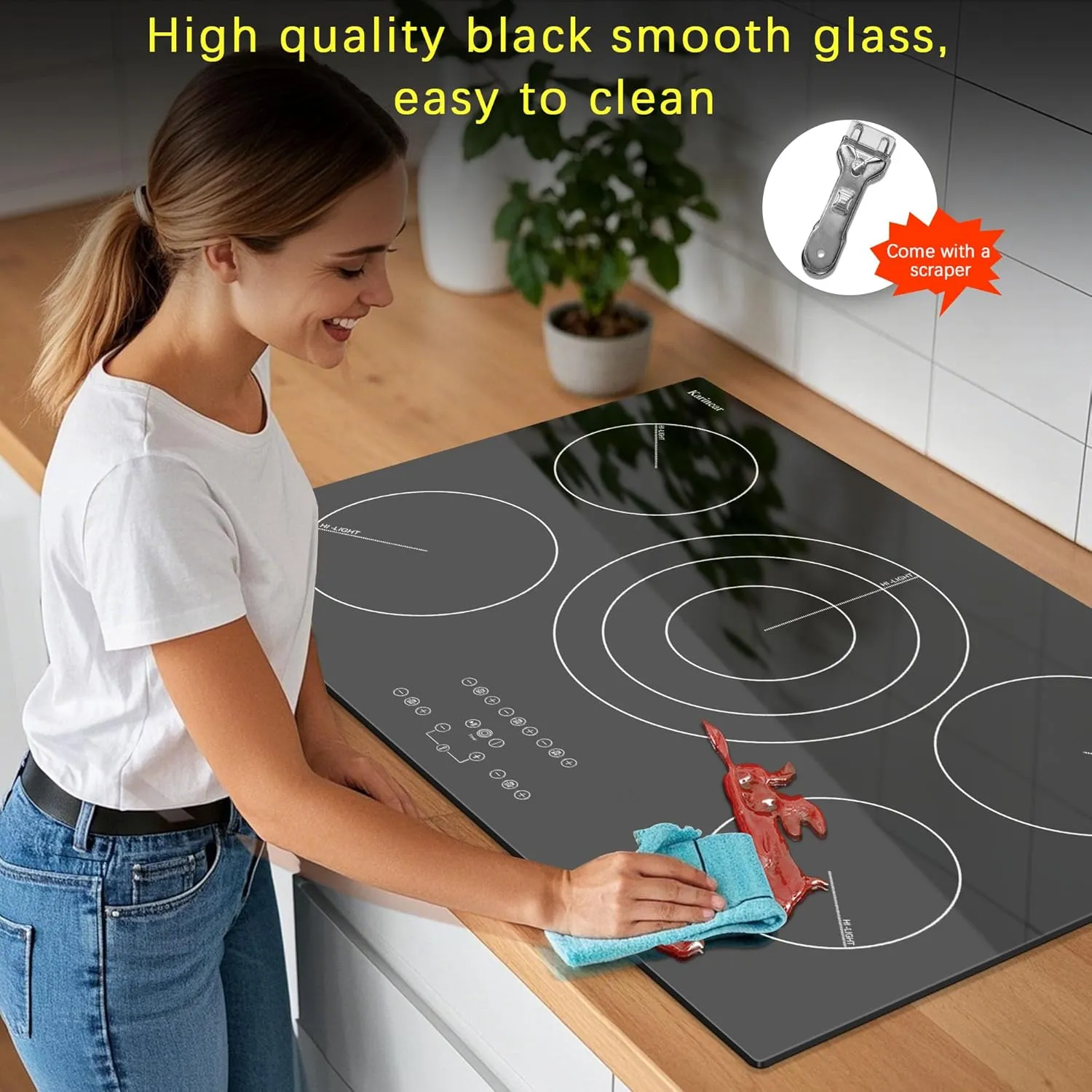 Karinear Electric Cooktop 30 Inch, Upgrade Sensor Touch 5 Burners Electric Stove Top, Built-in Ceramic Cooktop, Pause, Timer, Safety Lock, Triple Ring Expandable Burner,9000W, 220V