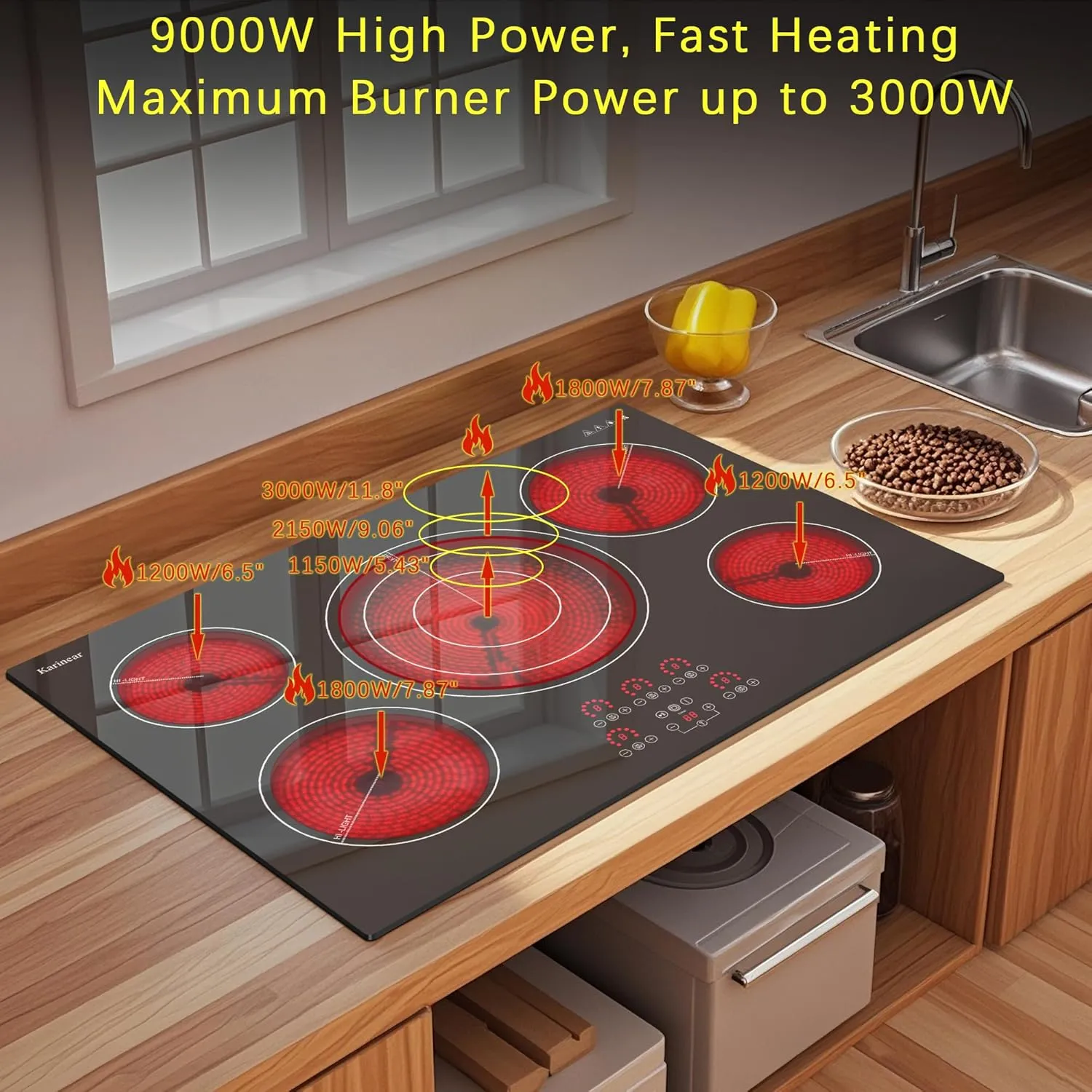 Karinear Electric Cooktop 30 Inch, Upgrade Sensor Touch 5 Burners Electric Stove Top, Built-in Ceramic Cooktop, Pause, Timer, Safety Lock, Triple Ring Expandable Burner,9000W, 220V