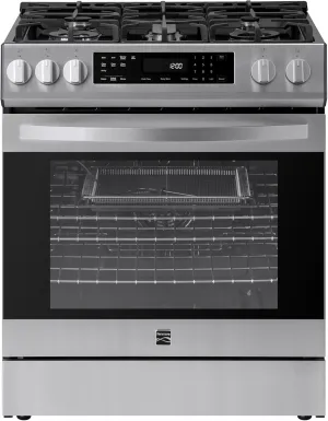 Kenmore 22-76853 5.6 cu. ft. Front-Control 5 Burner True Convection Gas Range with Oven Large Window, Three Racks, Dishwasher Safe Cast Iron Grates