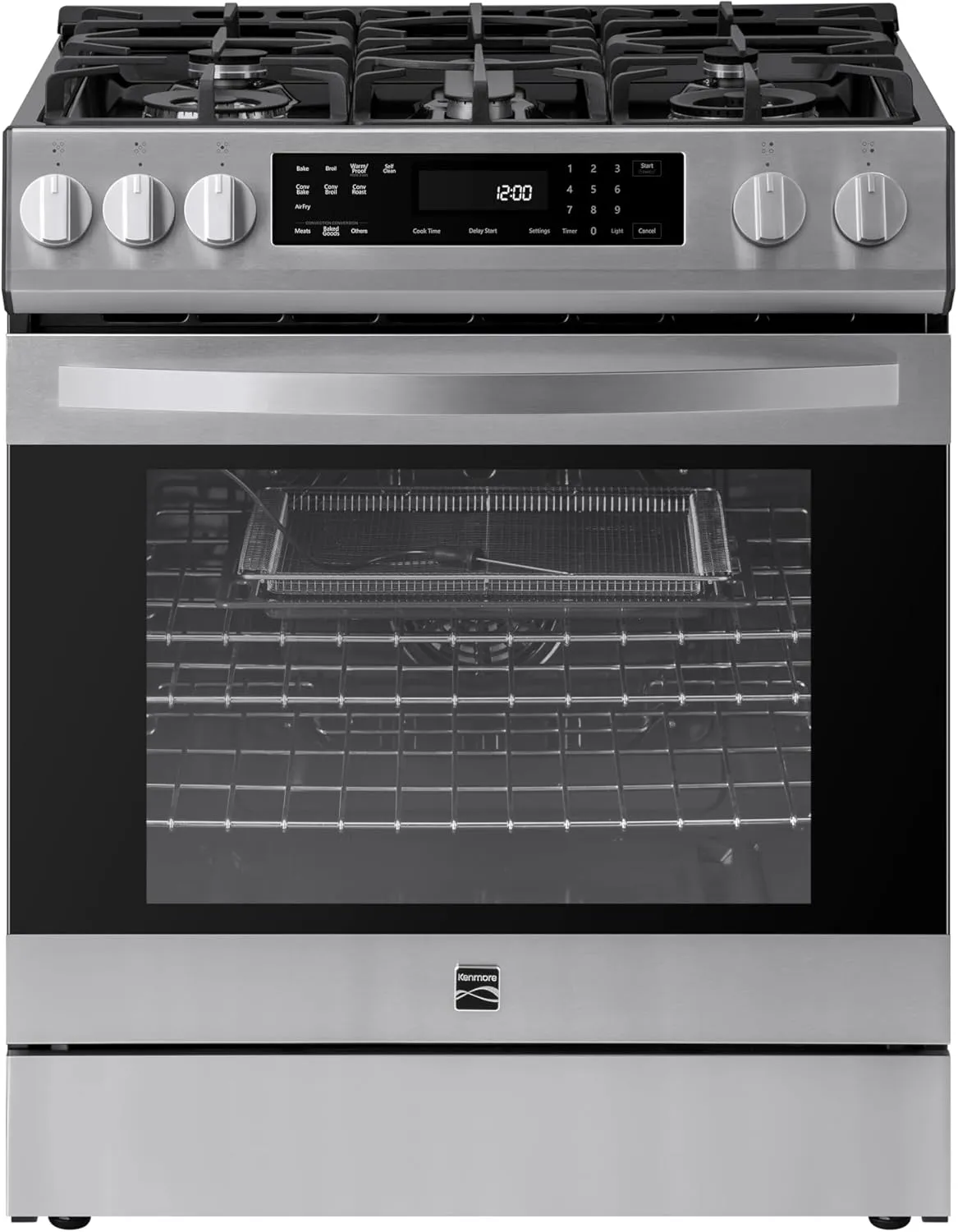 Kenmore 22-76853 5.6 cu. ft. Front-Control 5 Burner True Convection Gas Range with Oven Large Window, Three Racks, Dishwasher Safe Cast Iron Grates