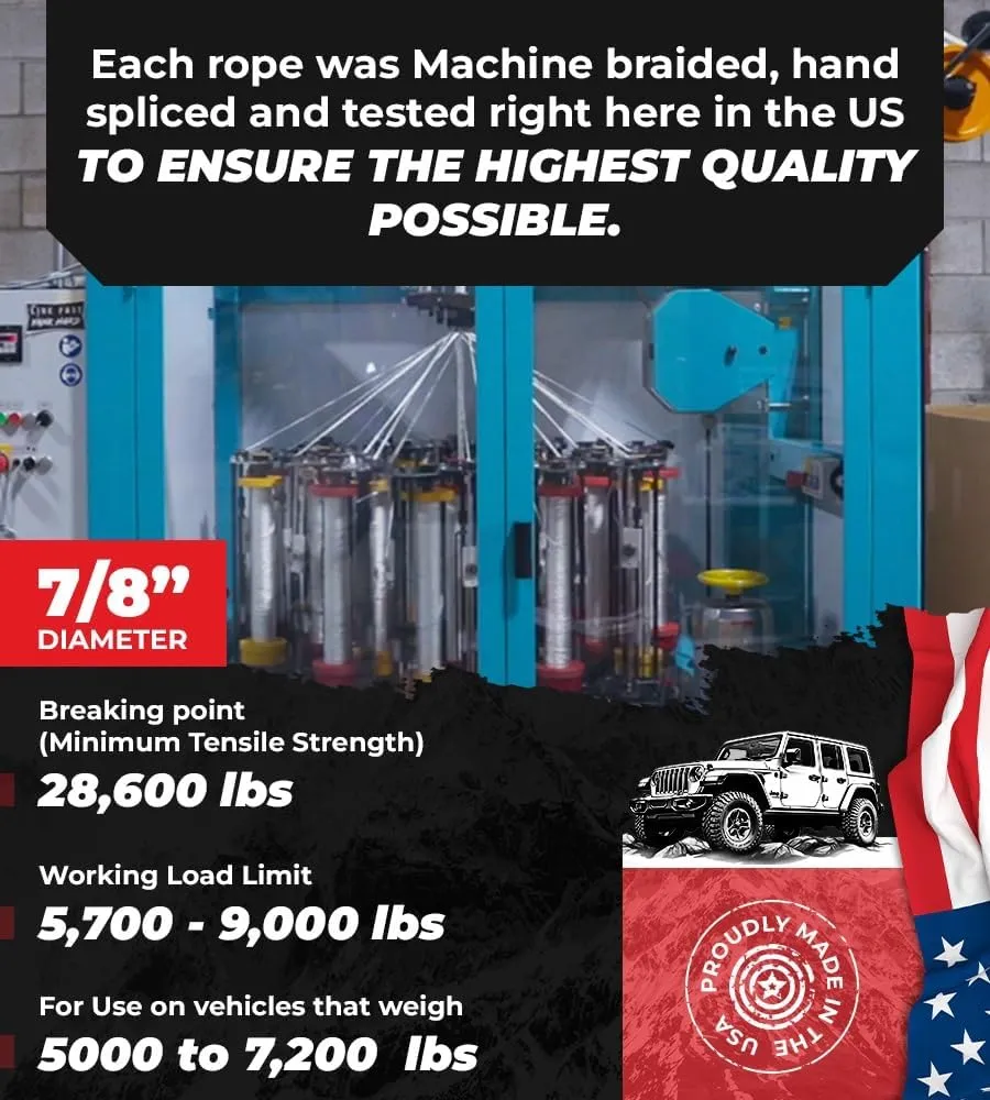Kinetic Recovery Rope Made in The USA, 7/8 x 30 Tow Rope for Truck Heavy Duty, Kinetic Tow Rope and Kits, Recovery Straps for Truck,Heavy Duty Kinetic Recovery Strap kit