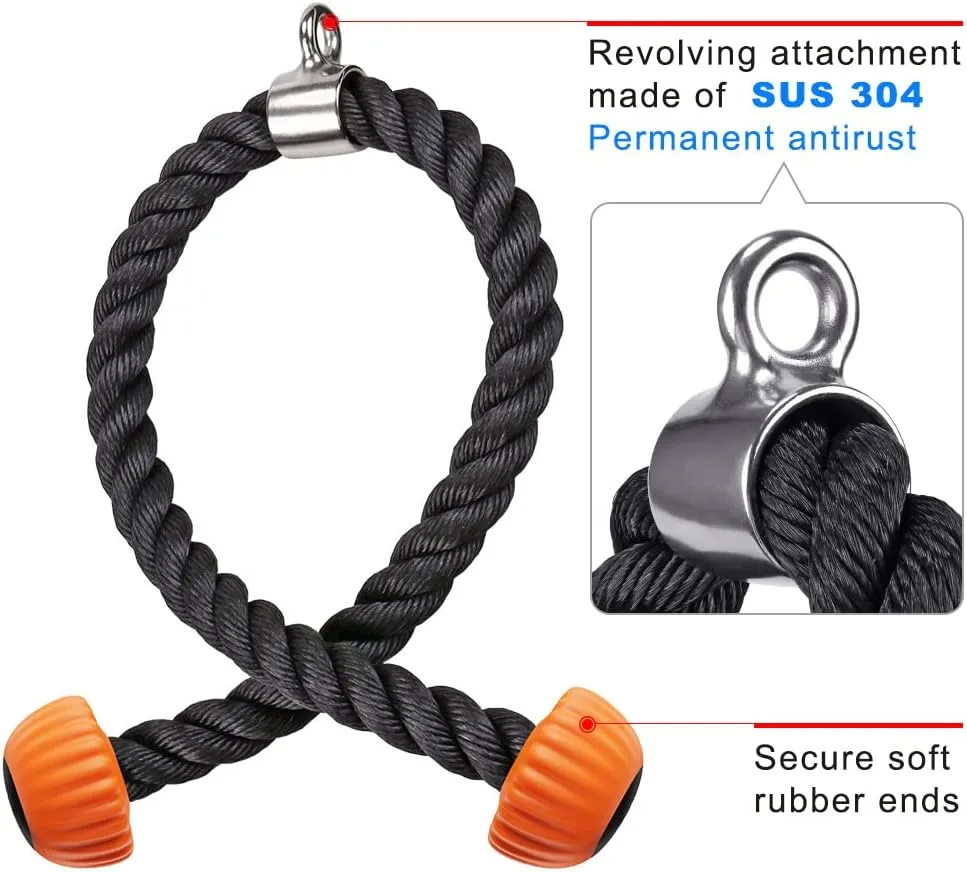 Kipika Tricep Rope, Cable Machine Attachments Pulley System Gym Pull Down Rope, Heavy Duty Nylon Rope with Soft Rubber Ends