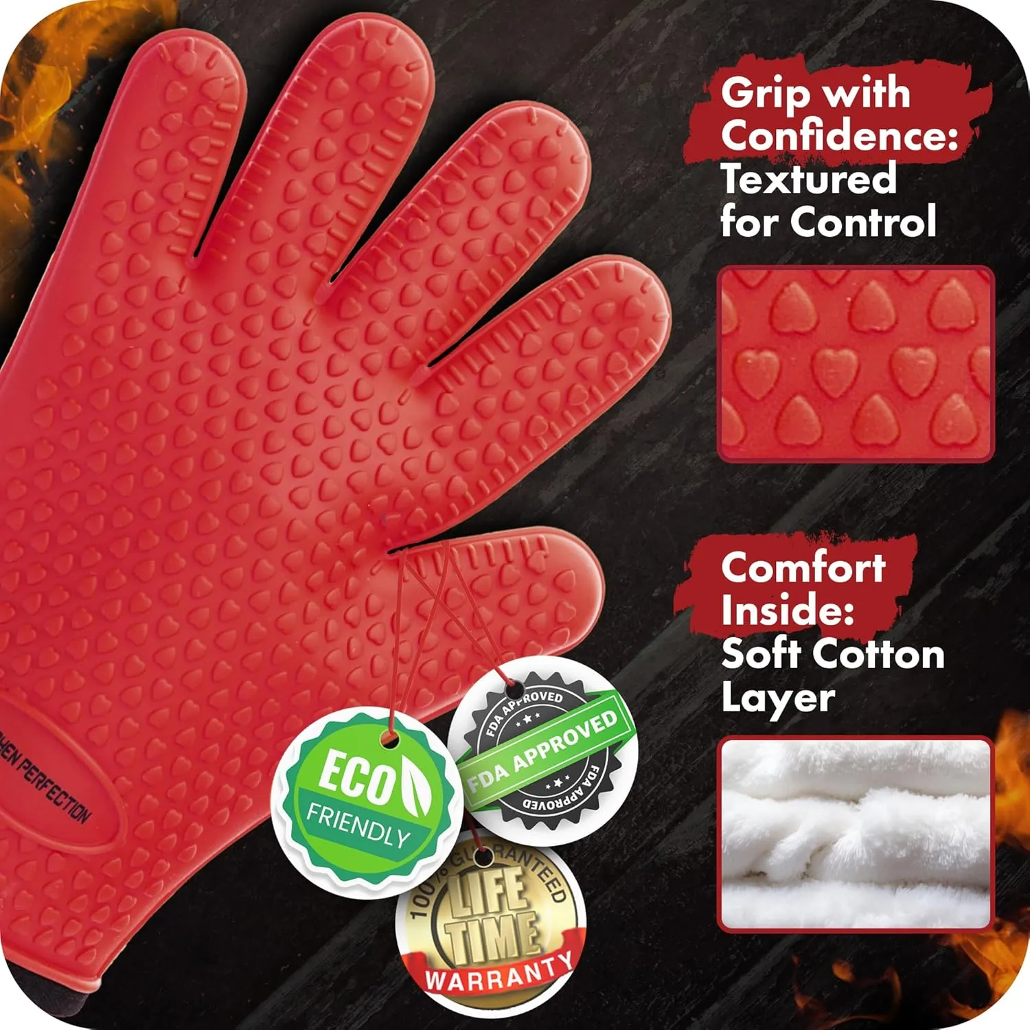 KITCHEN PERFECTION S Silicone Smoker Oven Gloves -Extreme Heat Resistant BBQ Gloves -Handle Hot Food Right on Your Grill Fryer Pit|Waterproof Oven Mitts |Superior Value Set 3 Bonuses