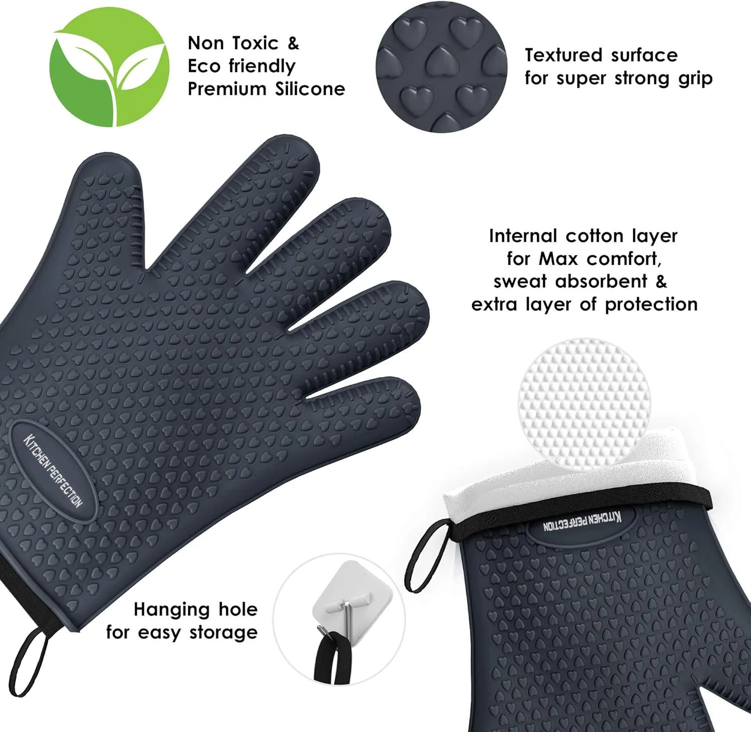KITCHEN PERFECTION XL Silicone Smoker Oven Gloves-Extreme Heat Resistant BBQ Gloves-Handle Hot Food Right on Your Grill Fryer&Pit|Waterproof Grilling Cooking Baking Mitts|Superior Value Set 3 Bonuses