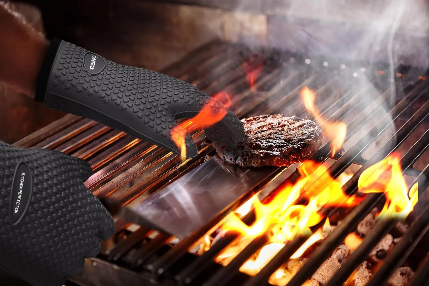 KITCHEN PERFECTION XL Silicone Smoker Oven Gloves-Extreme Heat Resistant BBQ Gloves-Handle Hot Food Right on Your Grill Fryer&Pit|Waterproof Grilling Cooking Baking Mitts|Superior Value Set 3 Bonuses