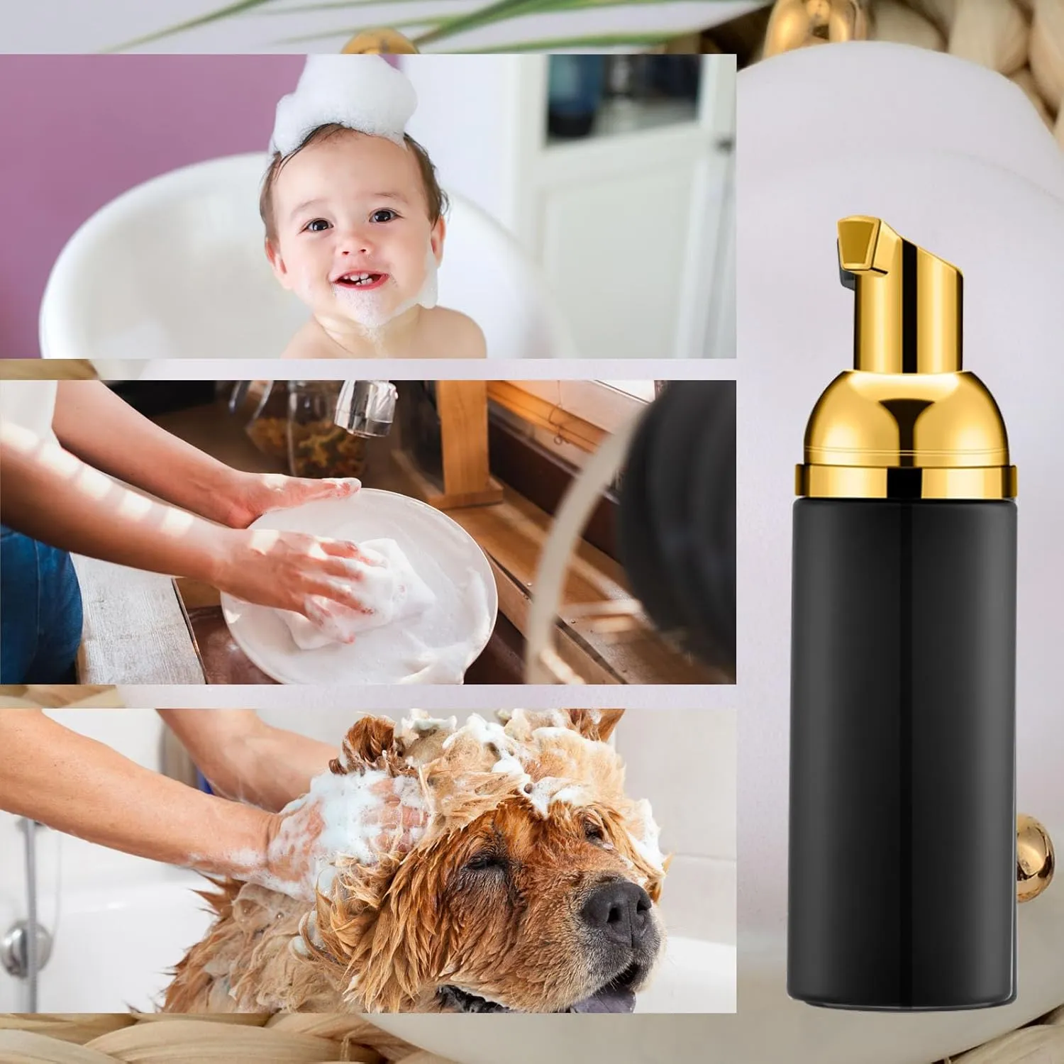KOIBITO 2 Oz Black Foam Pump Bottle, Empty Lash Shampoo Bottles, Travel Foaming Dispenser for Hand Soap,Body Wash(50 PCS, Gold Pump)
