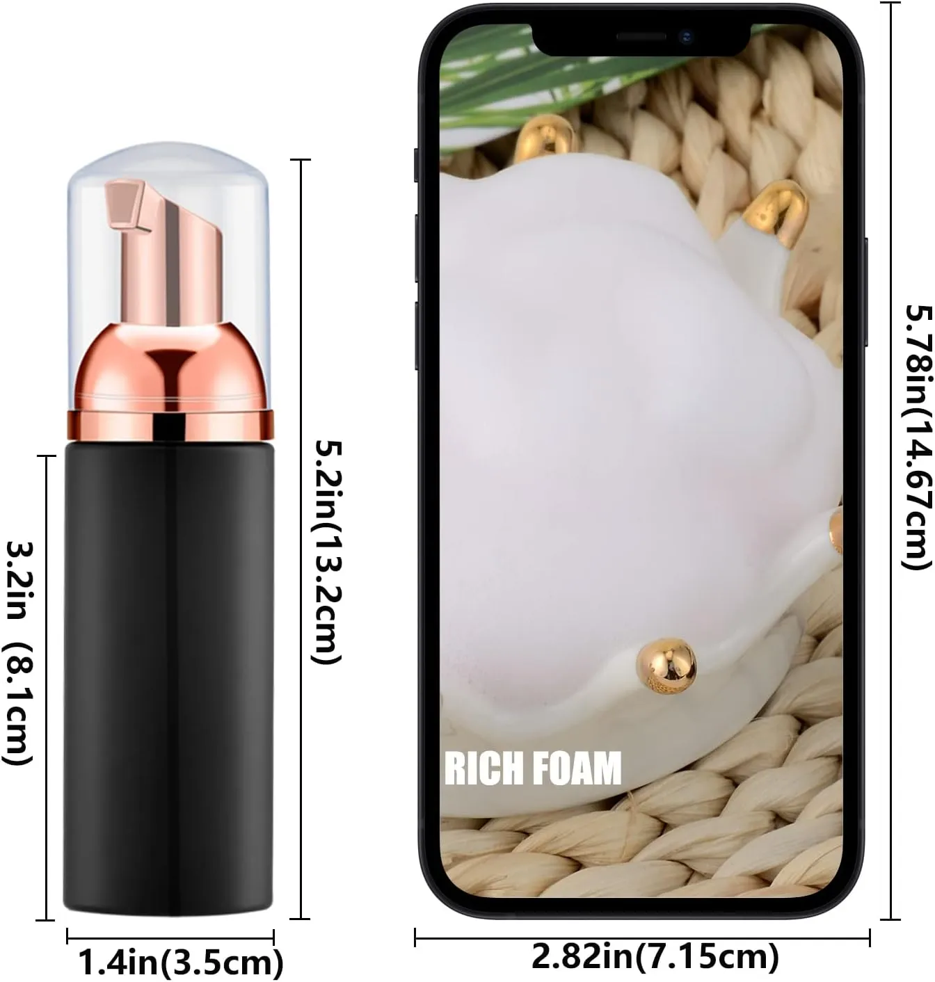 KOIBITO 2 Oz Black Foam Soap Bottle with Rose Gold Pump Empty Travel Foaming Dispenser for Hand Soap,Lash Shampoo,Body Wash(12 PCS, Clear Cap)