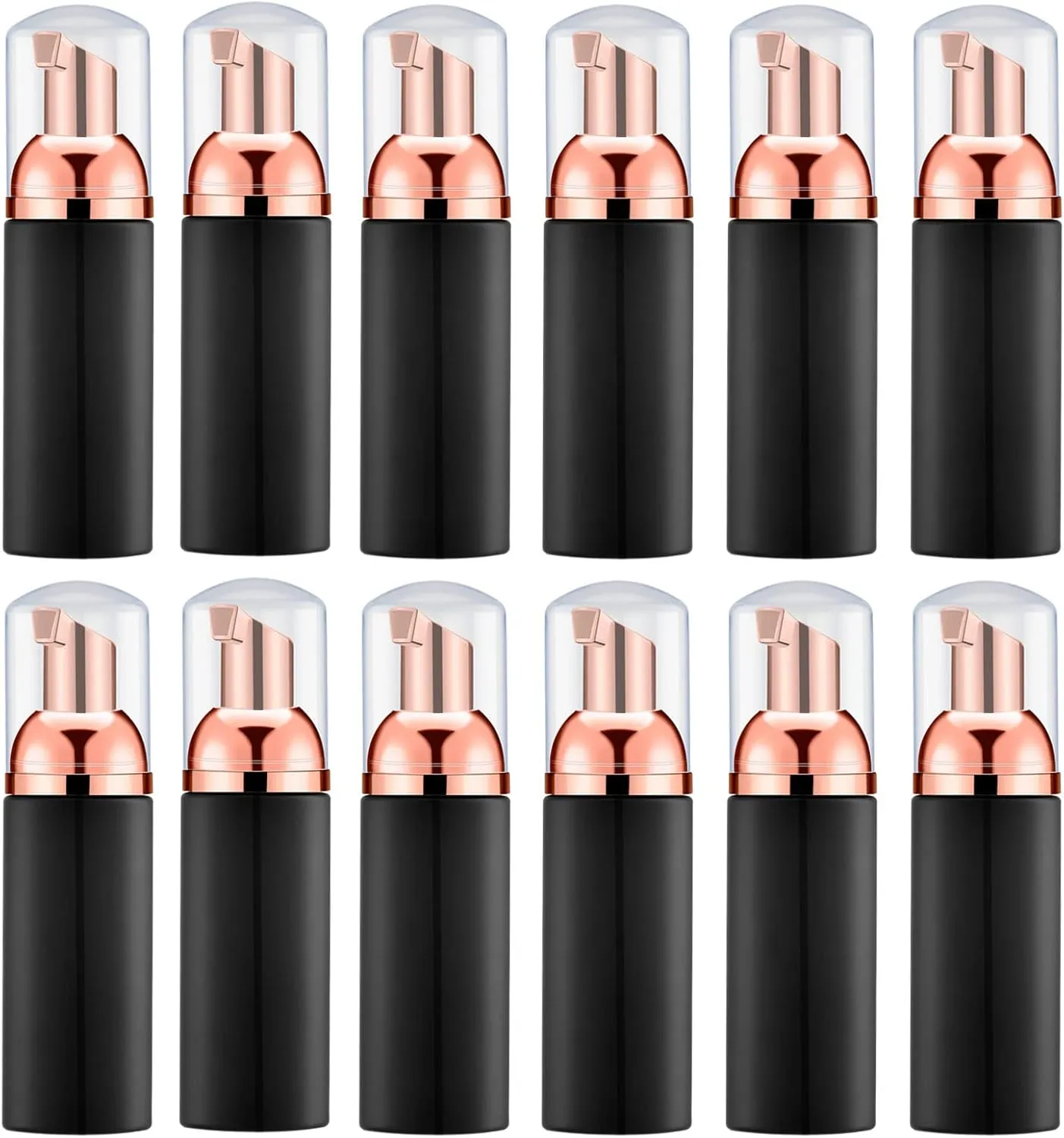 KOIBITO 2 Oz Black Foam Soap Bottle with Rose Gold Pump Empty Travel Foaming Dispenser for Hand Soap,Lash Shampoo,Body Wash(12 PCS, Clear Cap)