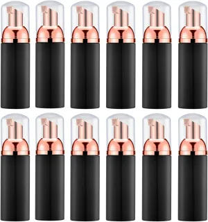 KOIBITO 2 Oz Black Foam Soap Bottle with Rose Gold Pump Empty Travel Foaming Dispenser for Hand Soap,Lash Shampoo,Body Wash(12 PCS, Clear Cap)