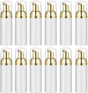 KOIBITO 2 Oz White Foam Soap Bottle with Gold Pump Empty Travel Foaming Dispenser for Hand Soap,Lash Shampoo,Body Wash(12 PCS, Clear Cap)