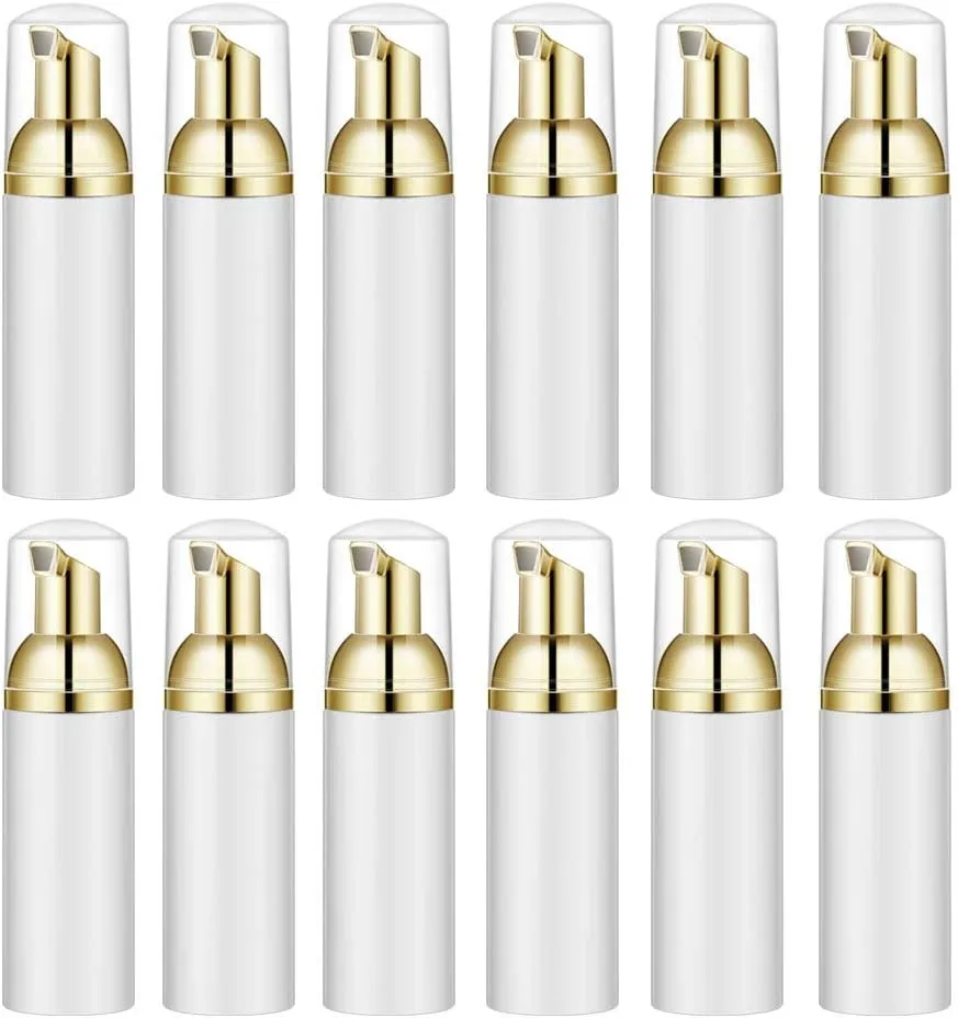 KOIBITO 2 Oz White Foam Soap Bottle with Gold Pump Empty Travel Foaming Dispenser for Hand Soap,Lash Shampoo,Body Wash(12 PCS, Clear Cap)