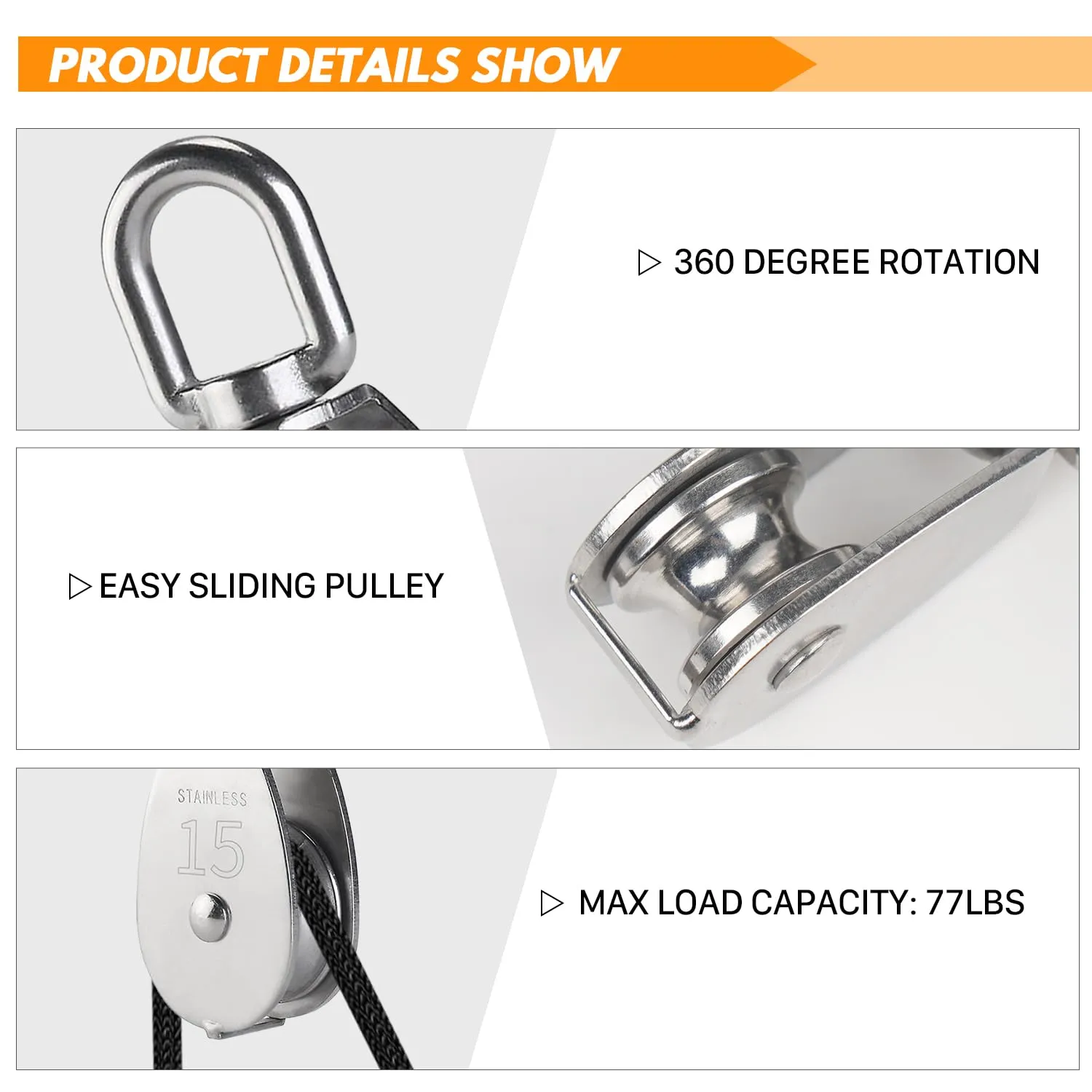 LAIWOO M15 Stainless Steel Pulley System Kit-Heavy-Duty Pulley Wheel, Pulley Block with Nylon Rope, Hooks, Eye Pad Plate, and Rope Cleat - Ideal for Lifting, DIY Projects, and Clothesline (2 Pack)