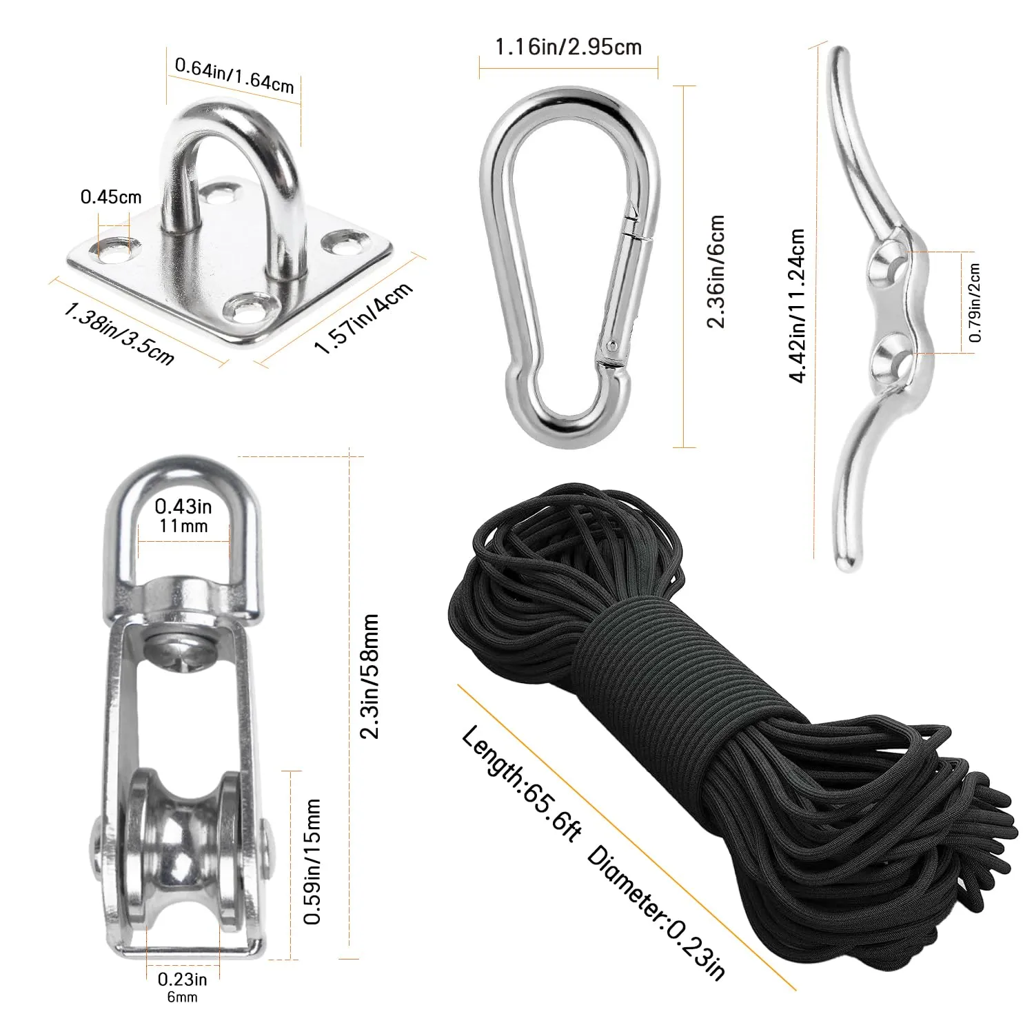LAIWOO M15 Stainless Steel Pulley System Kit-Heavy-Duty Pulley Wheel, Pulley Block with Nylon Rope, Hooks, Eye Pad Plate, and Rope Cleat - Ideal for Lifting, DIY Projects, and Clothesline (2 Pack)