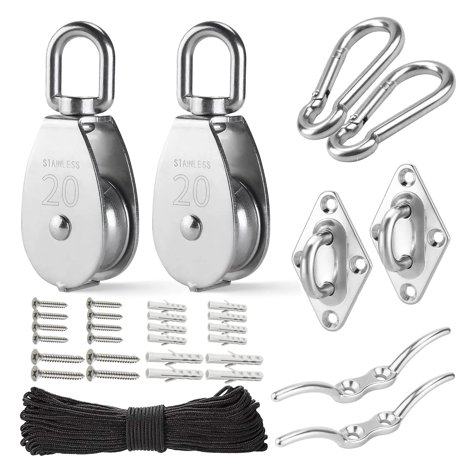 LAIWOO Stainless Steel Pulley System Kit-Heavy-Duty Pulley Wheel, Pulley Block with Nylon Rope 4MM, Hooks, Eye Pad Plate, and Rope Cleat - Ideal for Lifting (M20-4MM)