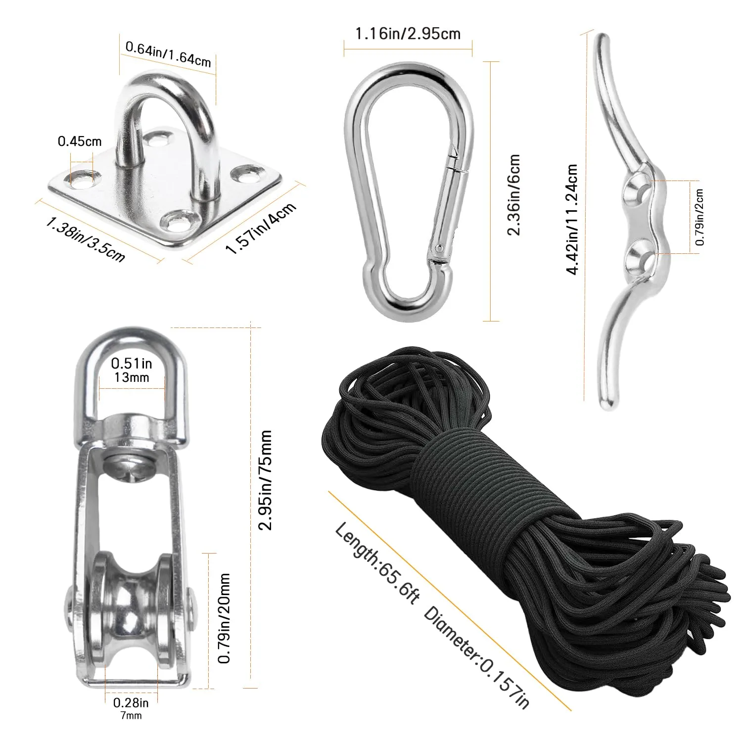 LAIWOO Stainless Steel Pulley System Kit-Heavy-Duty Pulley Wheel, Pulley Block with Nylon Rope 4MM, Hooks, Eye Pad Plate, and Rope Cleat - Ideal for Lifting (M20-4MM)