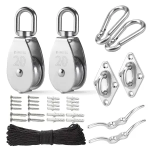 LAIWOO Stainless Steel Pulley System Kit-Heavy-Duty Pulley Wheel, Pulley Block with Nylon Rope 4MM, Hooks, Eye Pad Plate, and Rope Cleat - Ideal for Lifting (M20-4MM)