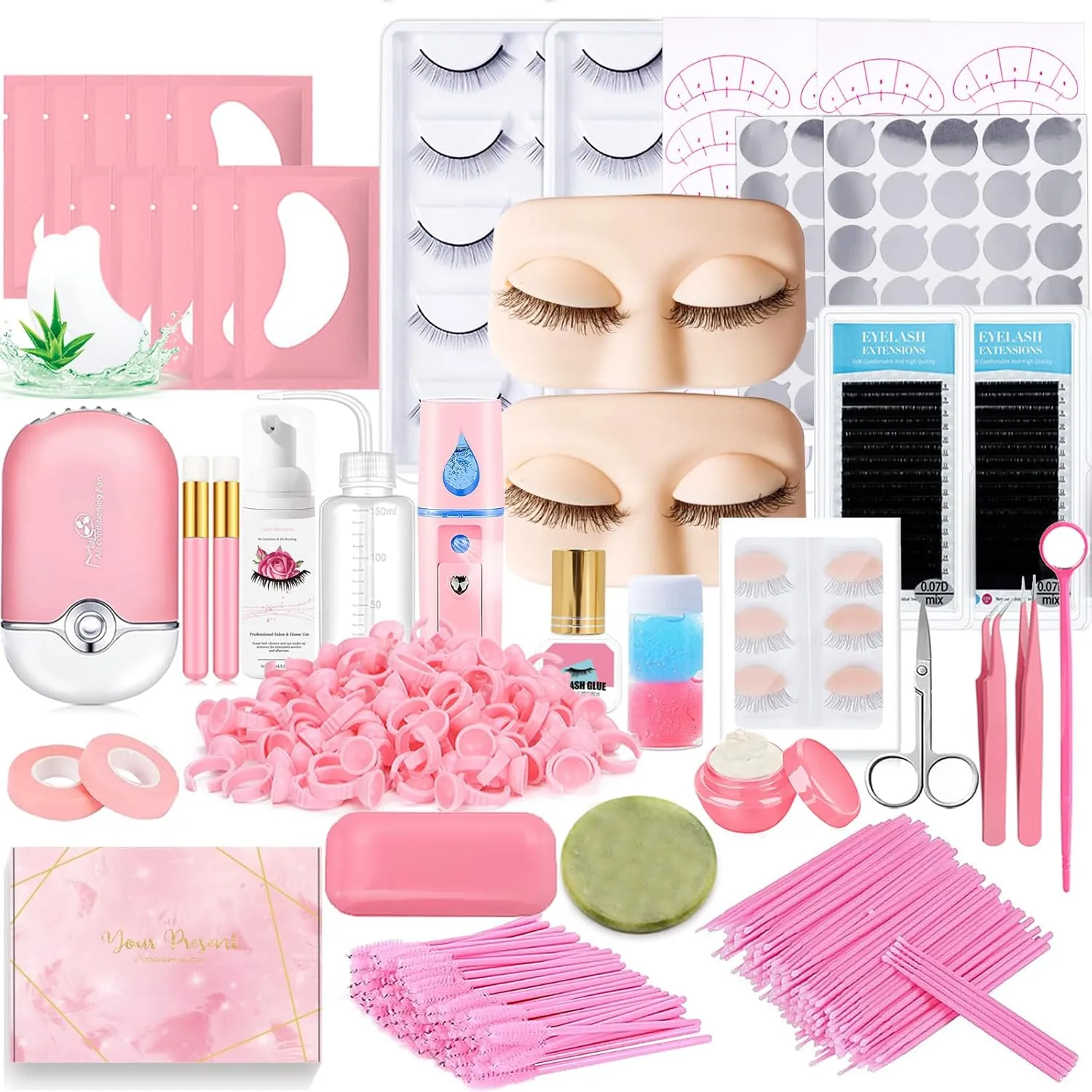 Lash Extension Kit Professional Eyelash Extensions Supplies Training for Beginners Mannequin Head Grafting Lash USB Fan Lash Shampoo Brush Spraye 0.07D Curl Mix 8-15mm Practice Eyelash Strips