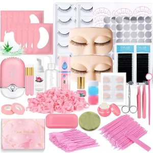 Lash Extension Kit Professional Eyelash Extensions Supplies Training for Beginners Mannequin Head Grafting Lash USB Fan Lash Shampoo Brush Spraye 0.07D Curl Mix 8-15mm Practice Eyelash Strips