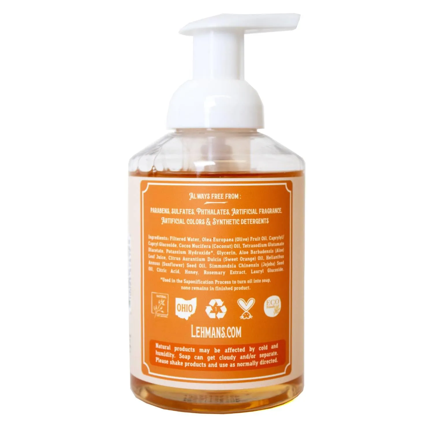 Lehman's Castile Foaming Hand Soap, Mild and Moisturizing and All Natural, Essential Oil Scented, 16 fl oz, Orange