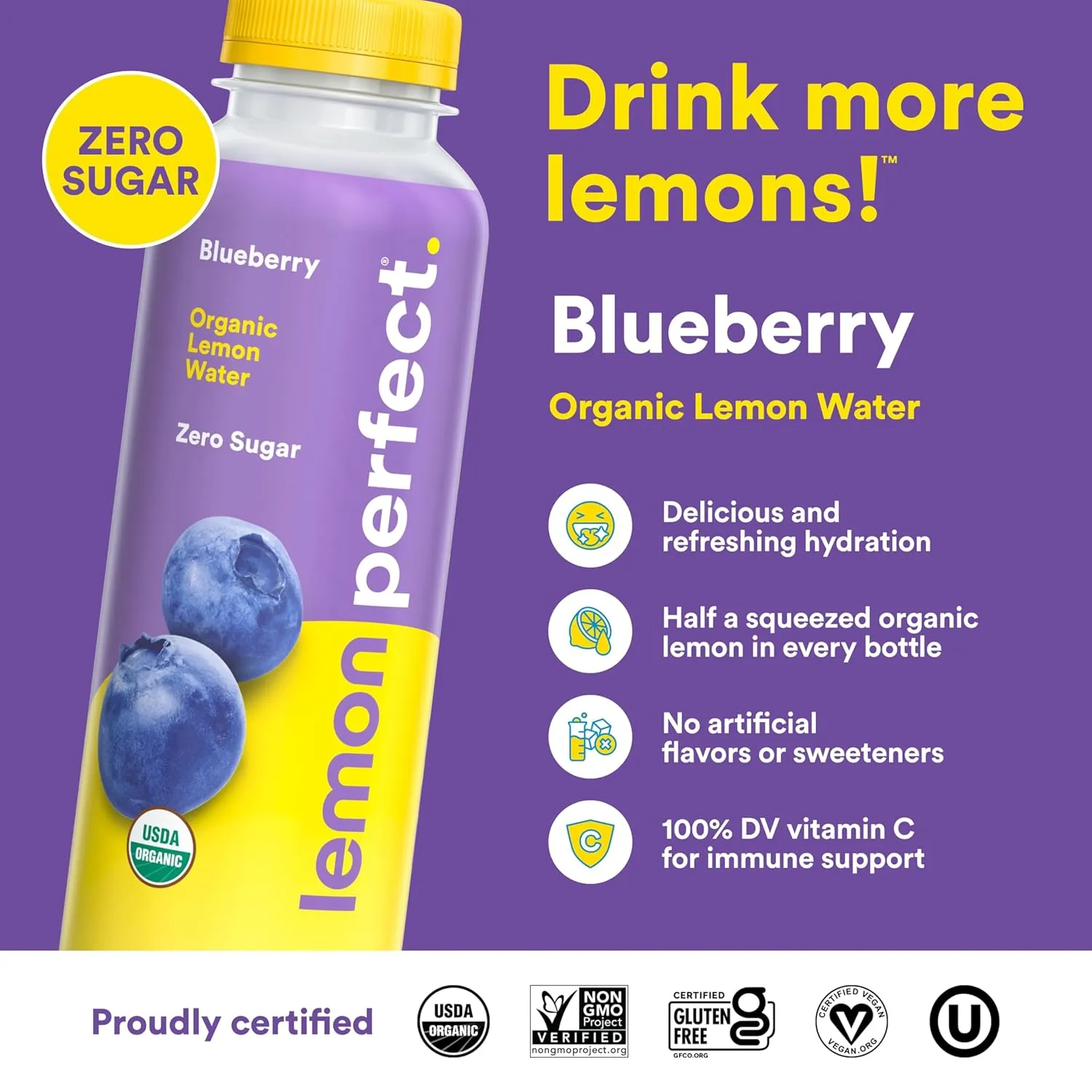 Lemon Perfect Blueberry, Hydrating Flavored Lemon Water, Zero Sugar, Healthy Hydration Drinks, Organic, 15.2oz Bottles (12-Pack)