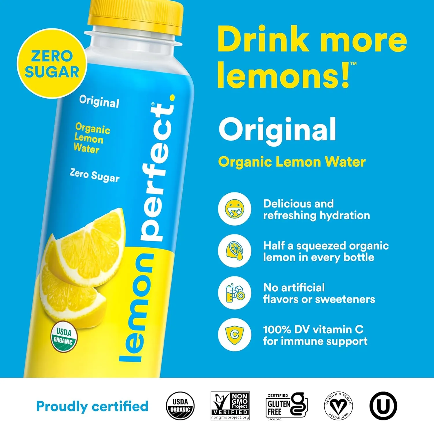 Lemon Perfect Original, Hydrating Flavored Lemon Water, Zero Sugar, Healthy Hydration Drinks, Organic, 15.2oz Bottles (12-Pack)