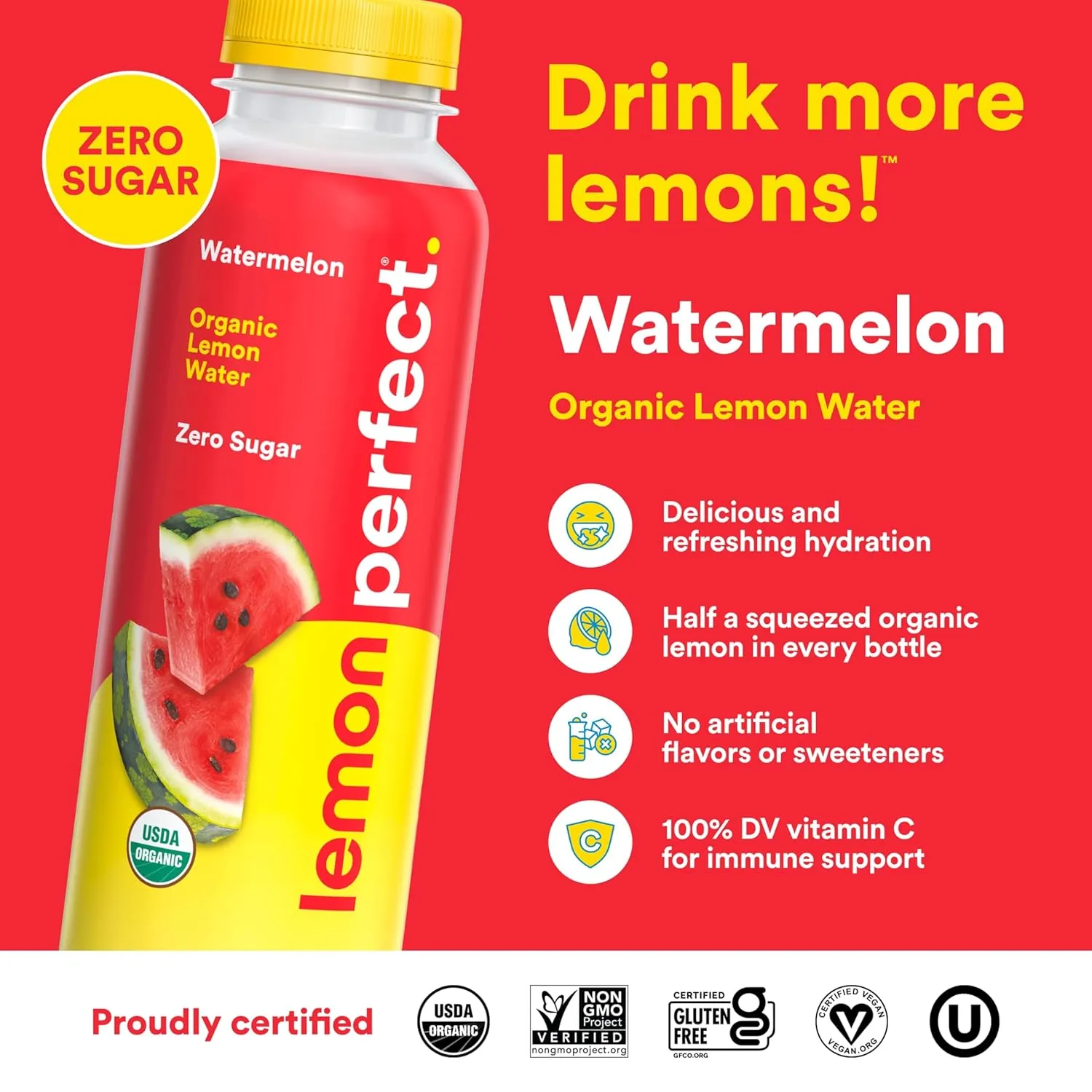 Lemon Perfect Watermelon, Hydrating Flavored Lemon Water, Zero Sugar, Healthy Hydration Drinks, Organic, 15.2oz Bottles (12-Pack)