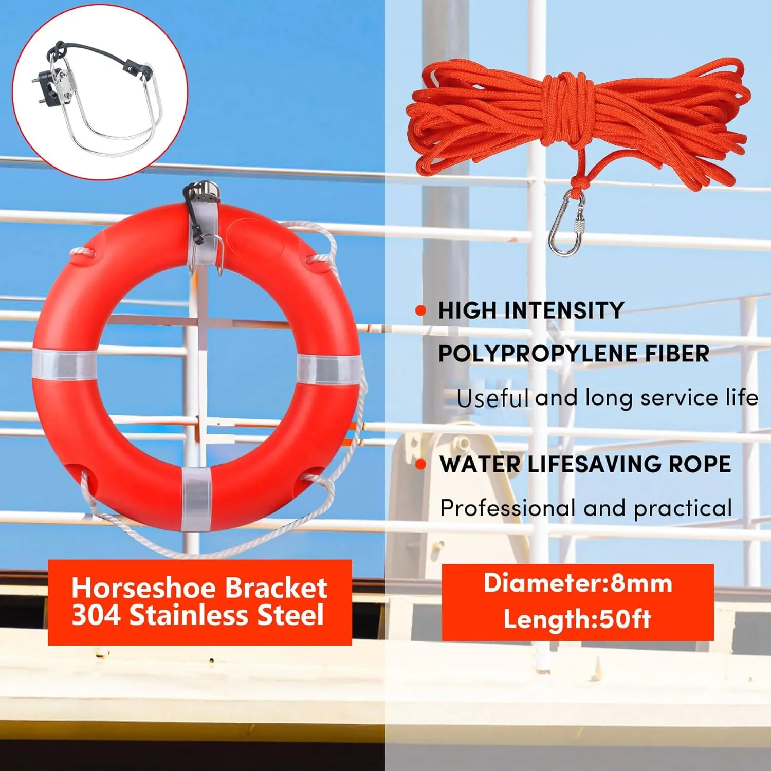 Life Ring 23"/28" Boat Safety Throw Buoy With Reflective Tape & Grab Lines - Orange for Boats, Includes Water Floating Saving Rope and Bracket