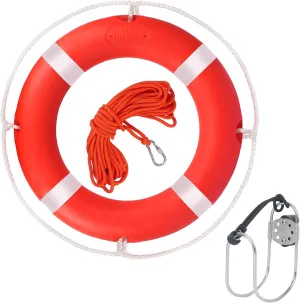 Life Ring 23"/28" Boat Safety Throw Buoy With Reflective Tape & Grab Lines - Orange for Boats, Includes Water Floating Saving Rope and Bracket