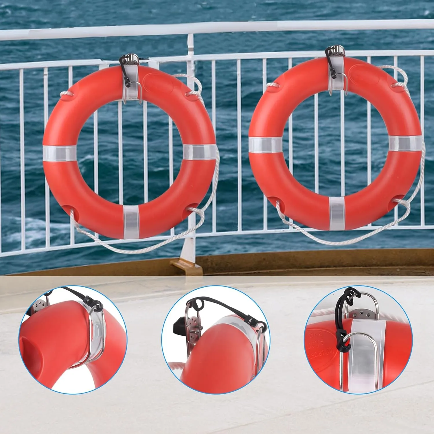 Life Ring 23"/28" Boat Safety Throw Buoy With Reflective Tape & Grab Lines - Orange for Boats, Includes Water Floating Saving Rope and Bracket