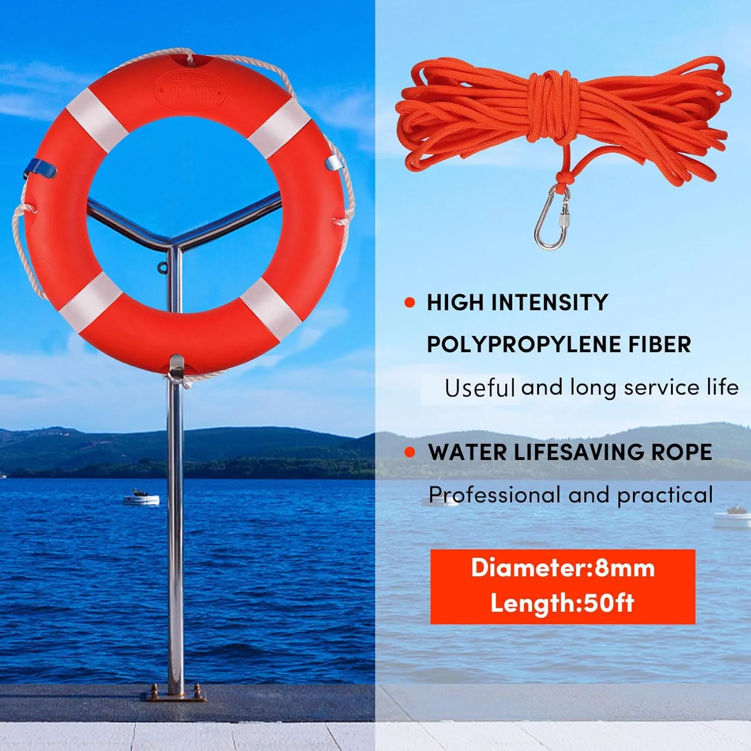 Life Ring 23"/28" Boat Safety Throw Buoy With Reflective Tape & Grab Lines - Orange for Boats, Includes Water Floating Saving Rope and Bracket