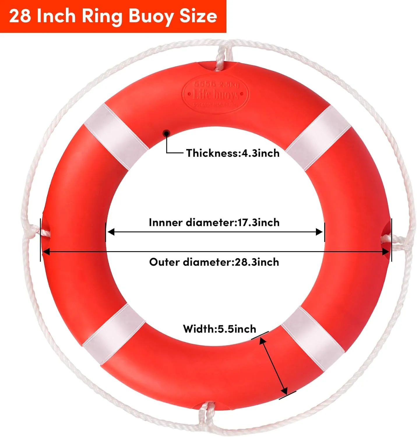 Life Ring 23"/28" Boat Safety Throw Buoy With Reflective Tape & Grab Lines - Orange for Boats, Includes Water Floating Saving Rope and Bracket