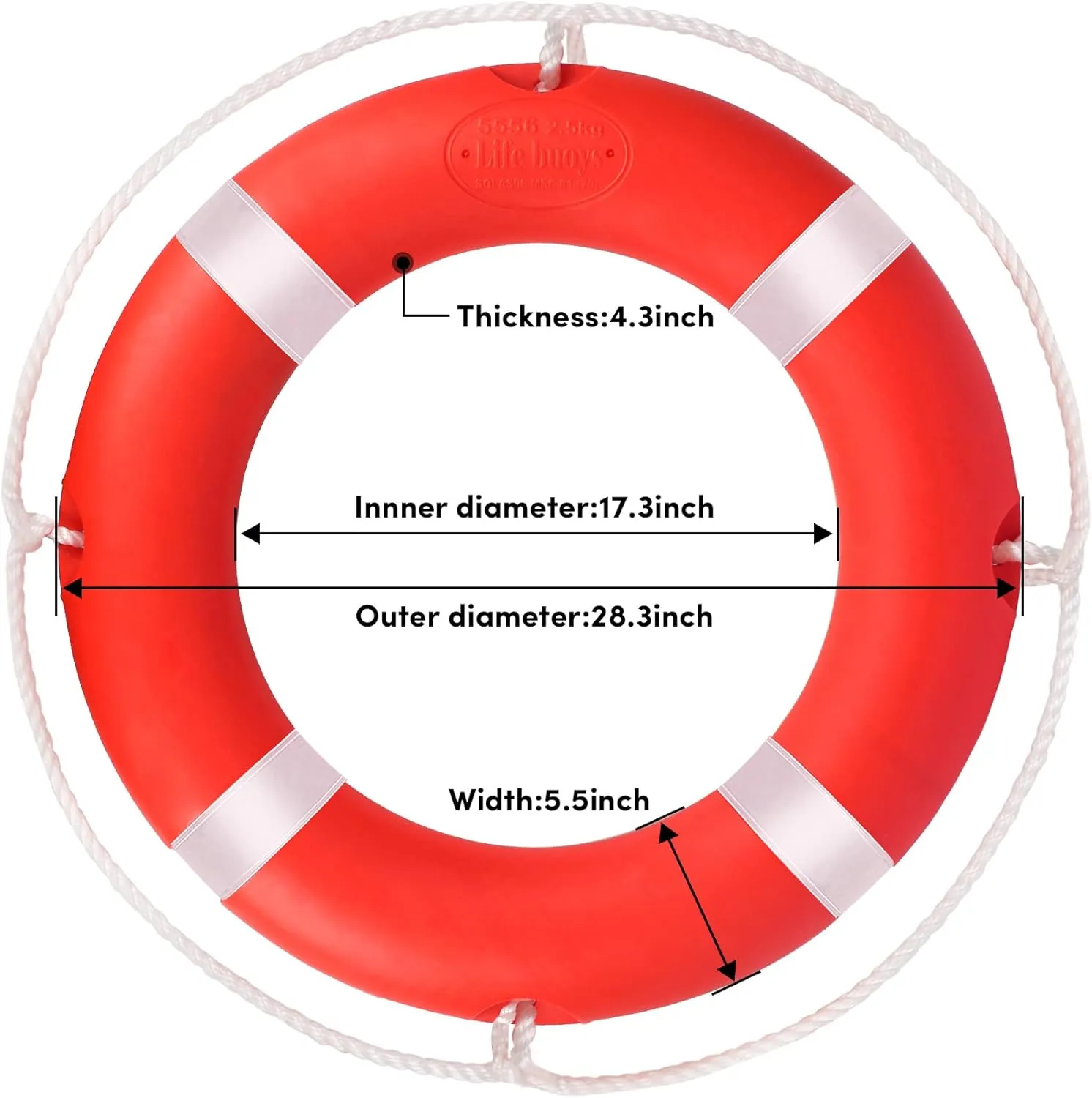 Life Ring 23"/28" Boat Safety Throw Buoy With Reflective Tape & Grab Lines - Orange for Boats, Includes Water Floating Saving Rope and Bracket