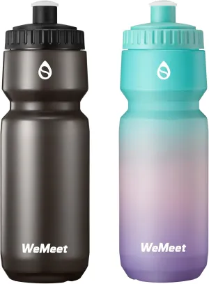 Lightweight Bike Water Bottle 24oz, BPA Free, Cycling Squeeze Bottle, Leak Proof Sport Water Bottle with Capacity Scale, for Cycling, Gym (Black & Green Pink Purple, 2 Pack)