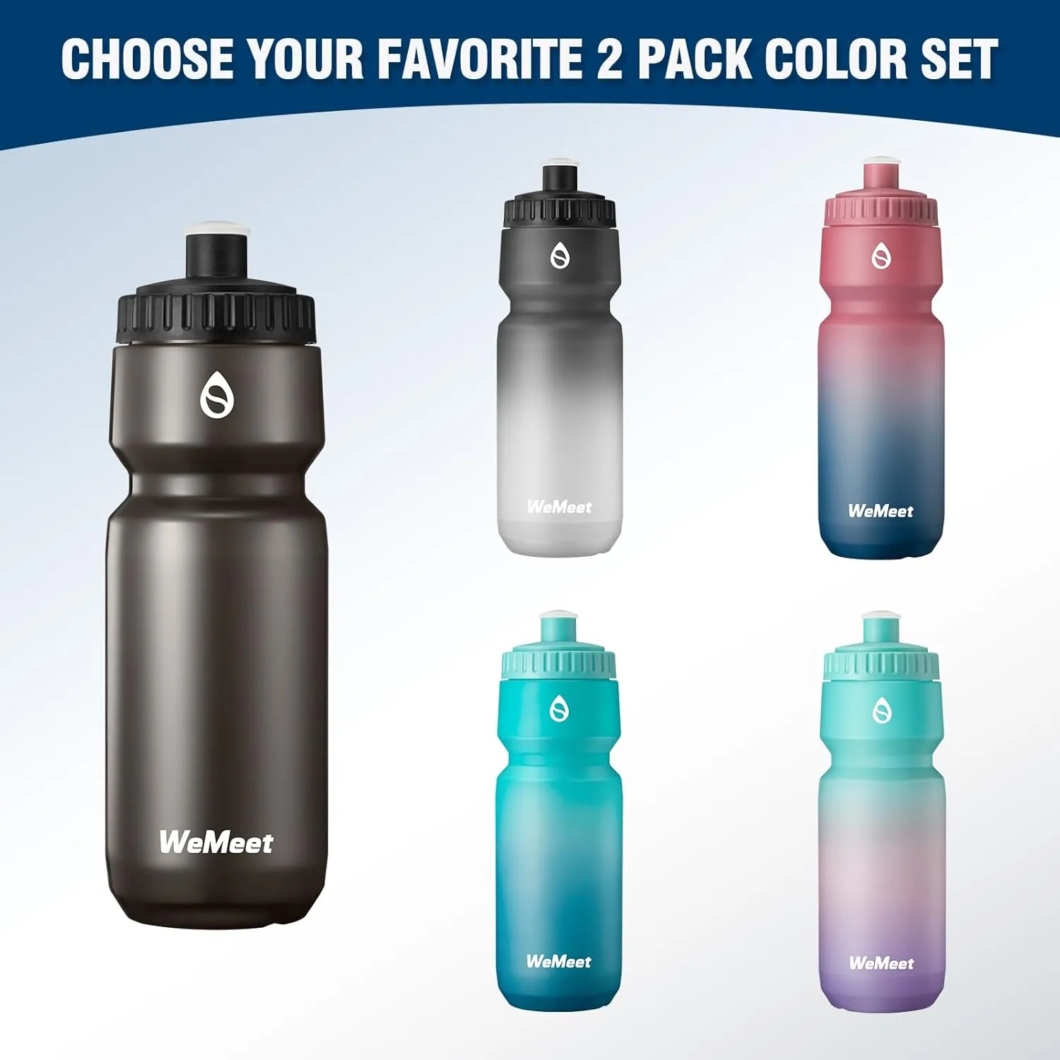 Lightweight Bike Water Bottle 24oz, BPA Free, Cycling Squeeze Bottle, Leak Proof Sport Water Bottle with Capacity Scale, for Cycling, Gym (Black & Green Pink Purple, 2 Pack)