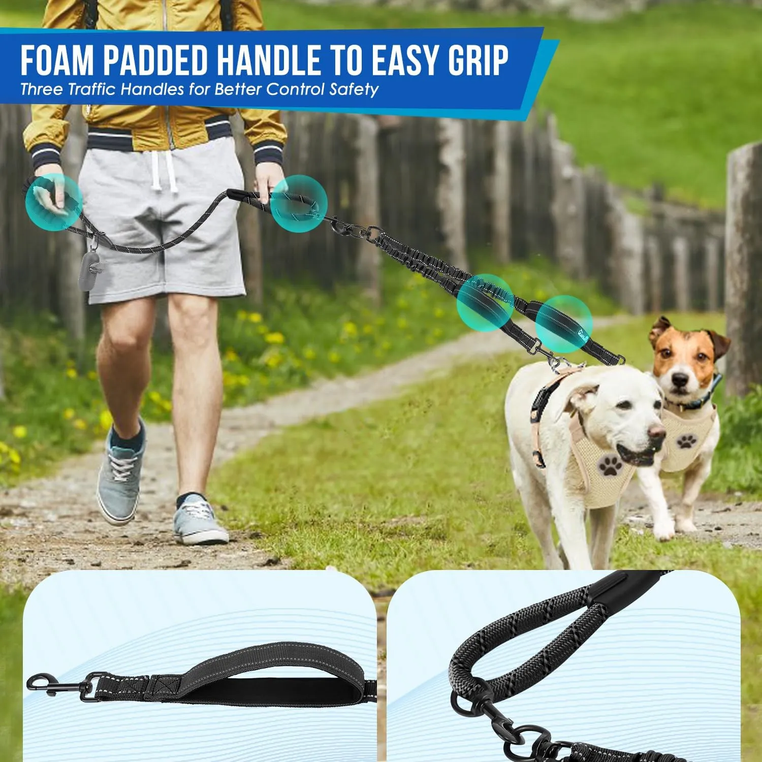 Lukovee Double Dog Leash, No Tangle - 360° Swivel Heavy Duty Reflective Lead for 2 Dogs with Two Padded Handles Dual Dog Splitter, Shock Absorbing Walking for Small Medium Dogs (Black,L)