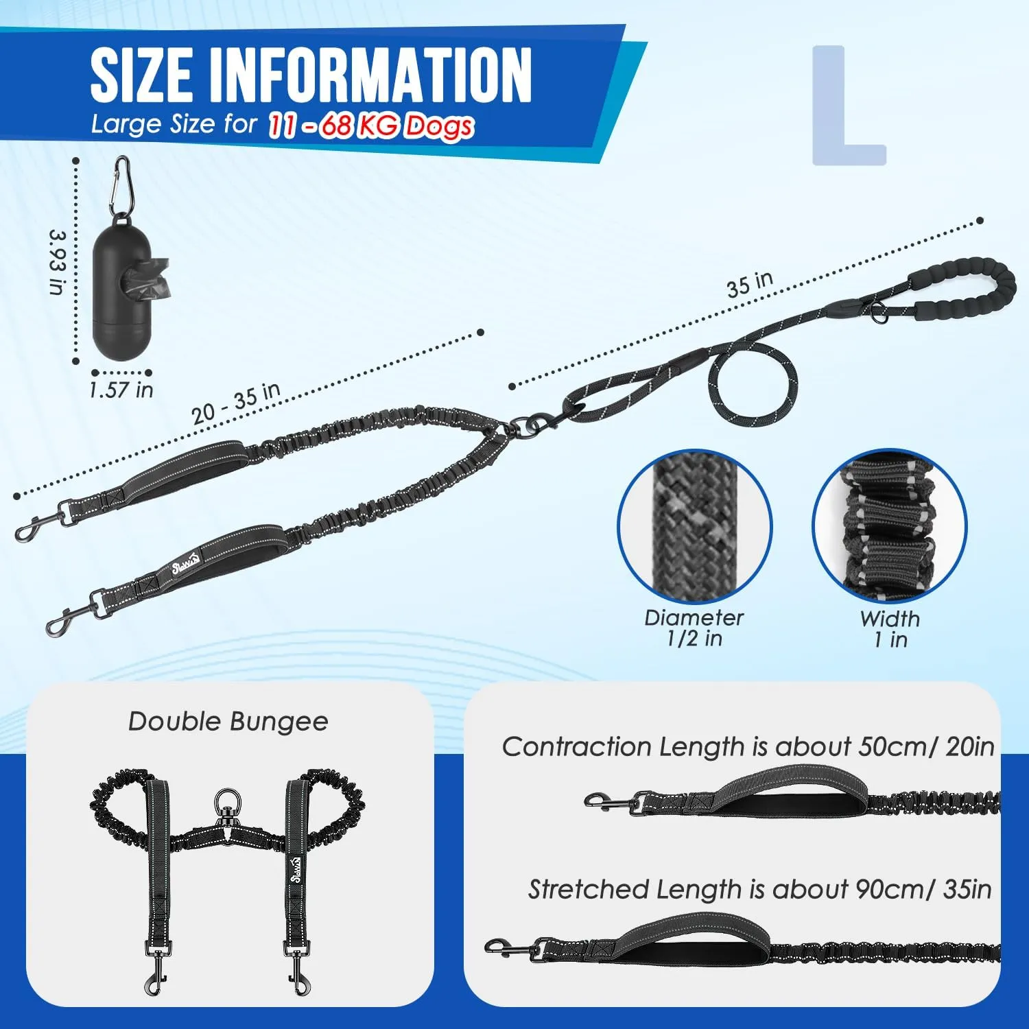 Lukovee Double Dog Leash, No Tangle - 360° Swivel Heavy Duty Reflective Lead for 2 Dogs with Two Padded Handles Dual Dog Splitter, Shock Absorbing Walking for Small Medium Dogs (Black,L)