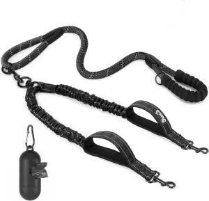 Lukovee Double Dog Leash, No Tangle - 360° Swivel Heavy Duty Reflective Lead for 2 Dogs with Two Padded Handles Dual Dog Splitter, Shock Absorbing Walking for Small Medium Dogs (Black,L)